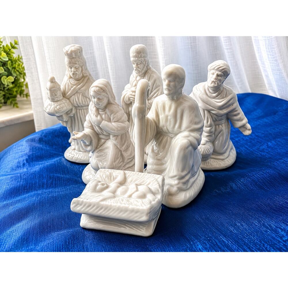 White Porcelain Nativity Set 6 Piece Christmas Manger Scene Figurines